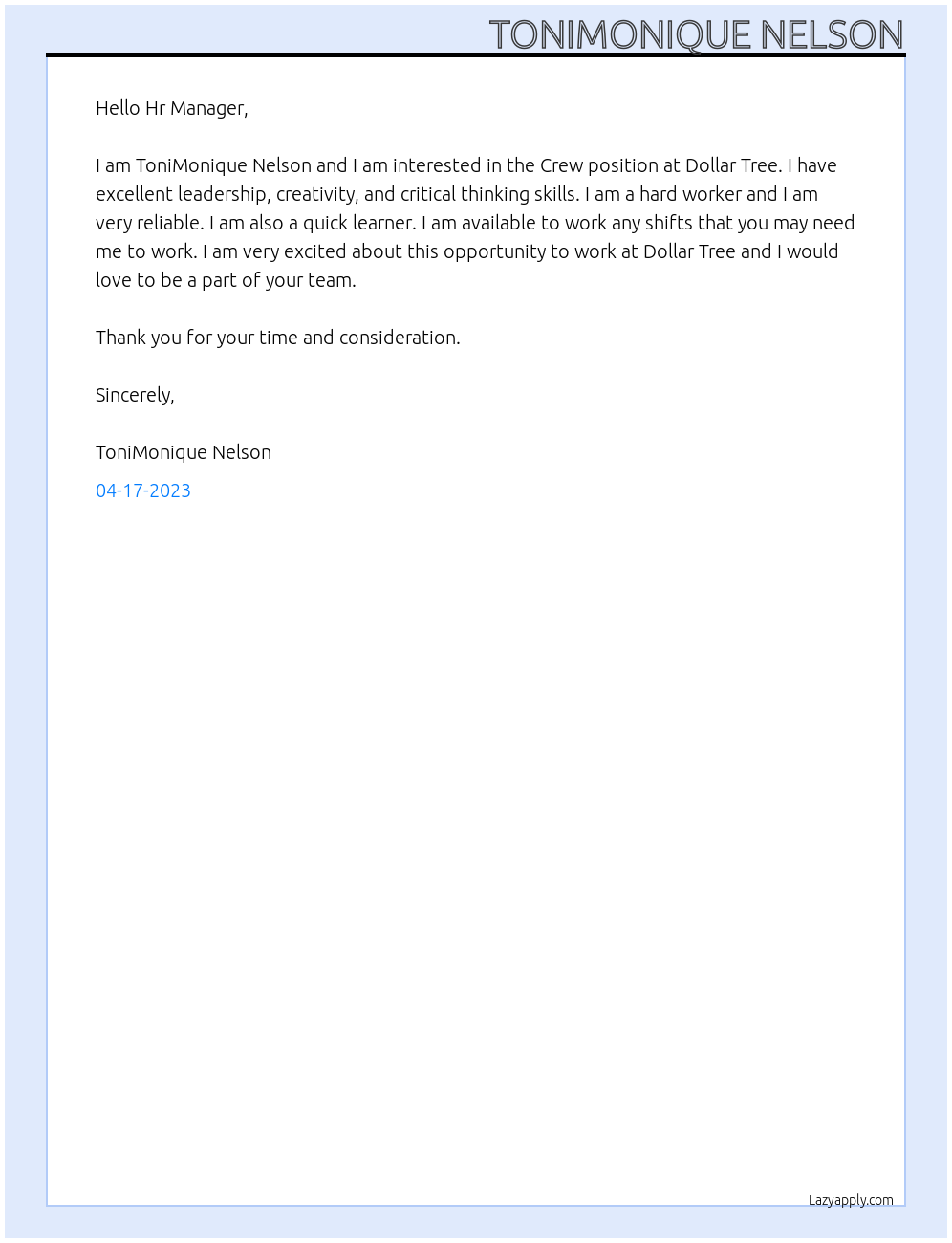 Crew At Dollar Tree Cover Letter