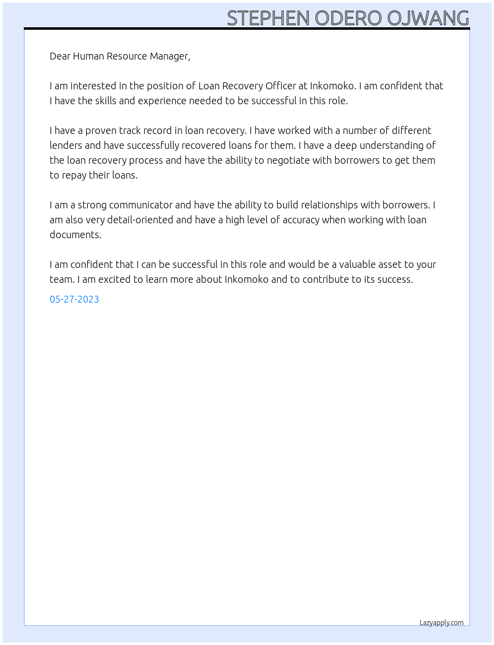 Loan Recovery Officer At Inkomoko Cover Letter