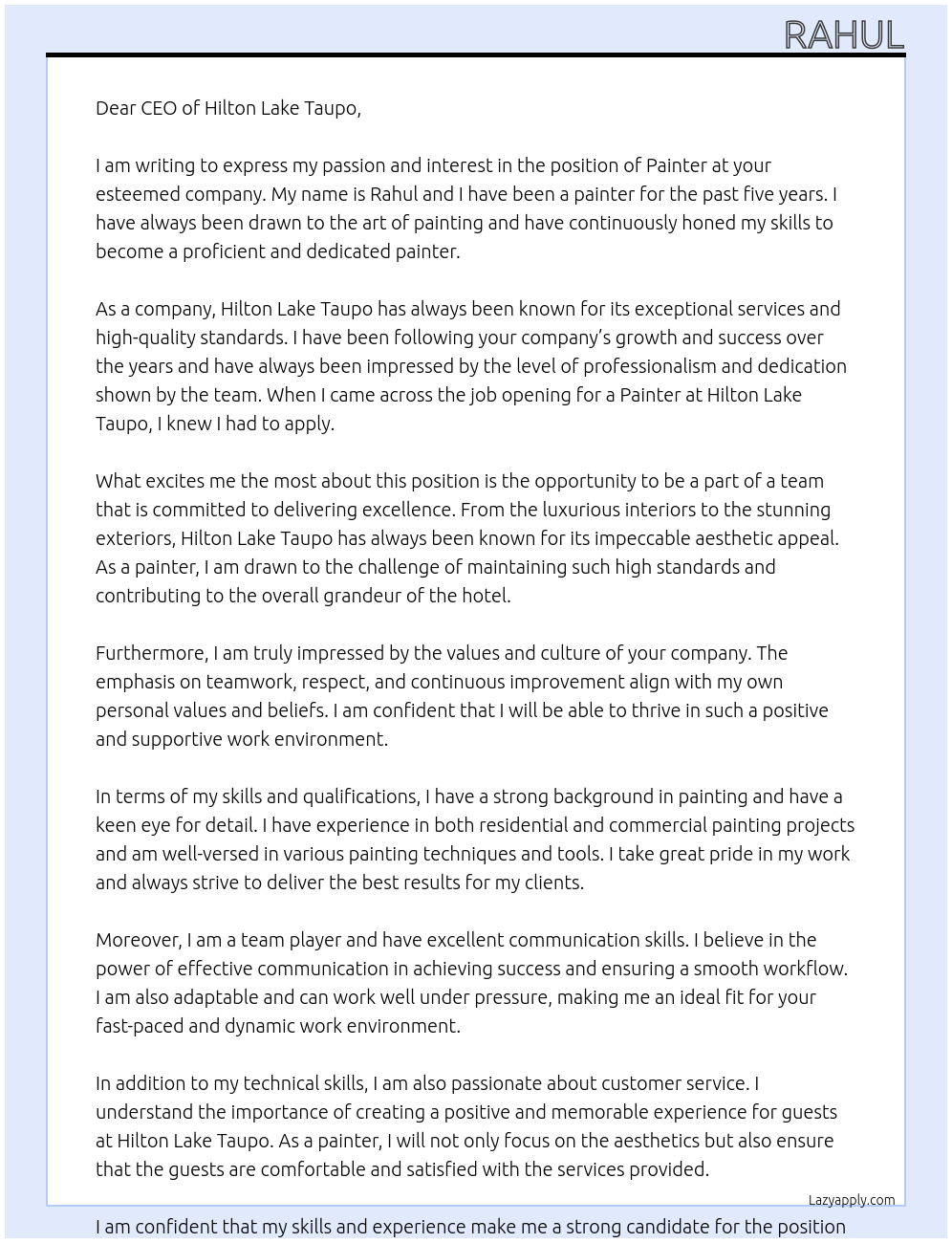 Painter At Hilton Lake Taupo Cover Letter