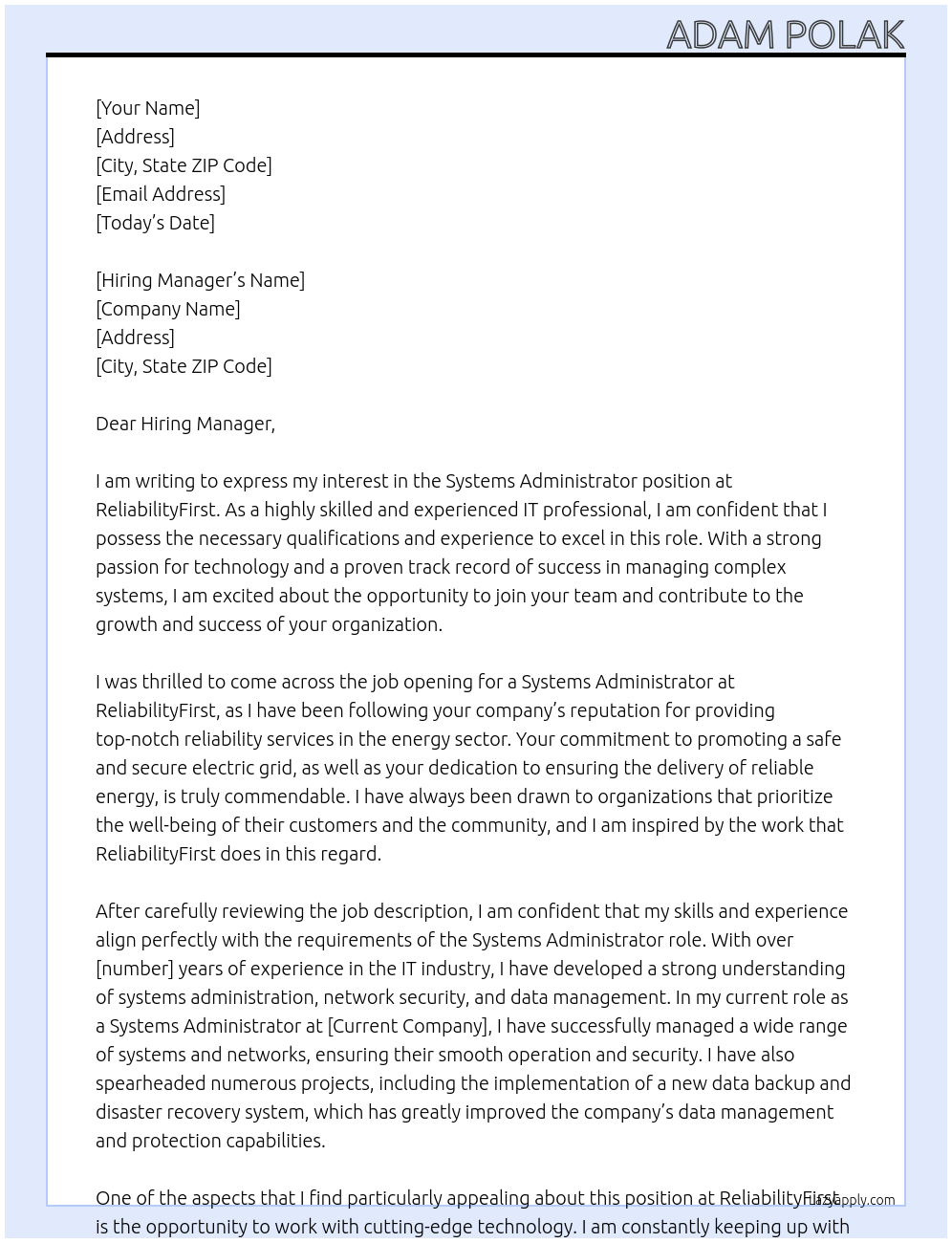 Systems Administrator At ReliabilityFirst Cover Letter