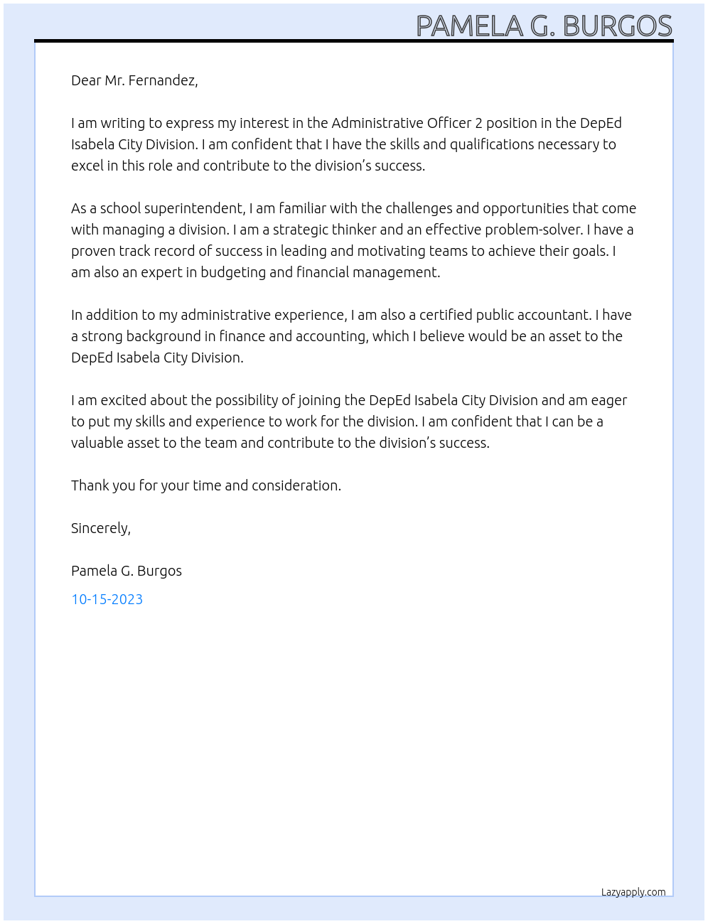 Administrative Officer 2 At DepEd Isabela City Division  Cover Letter