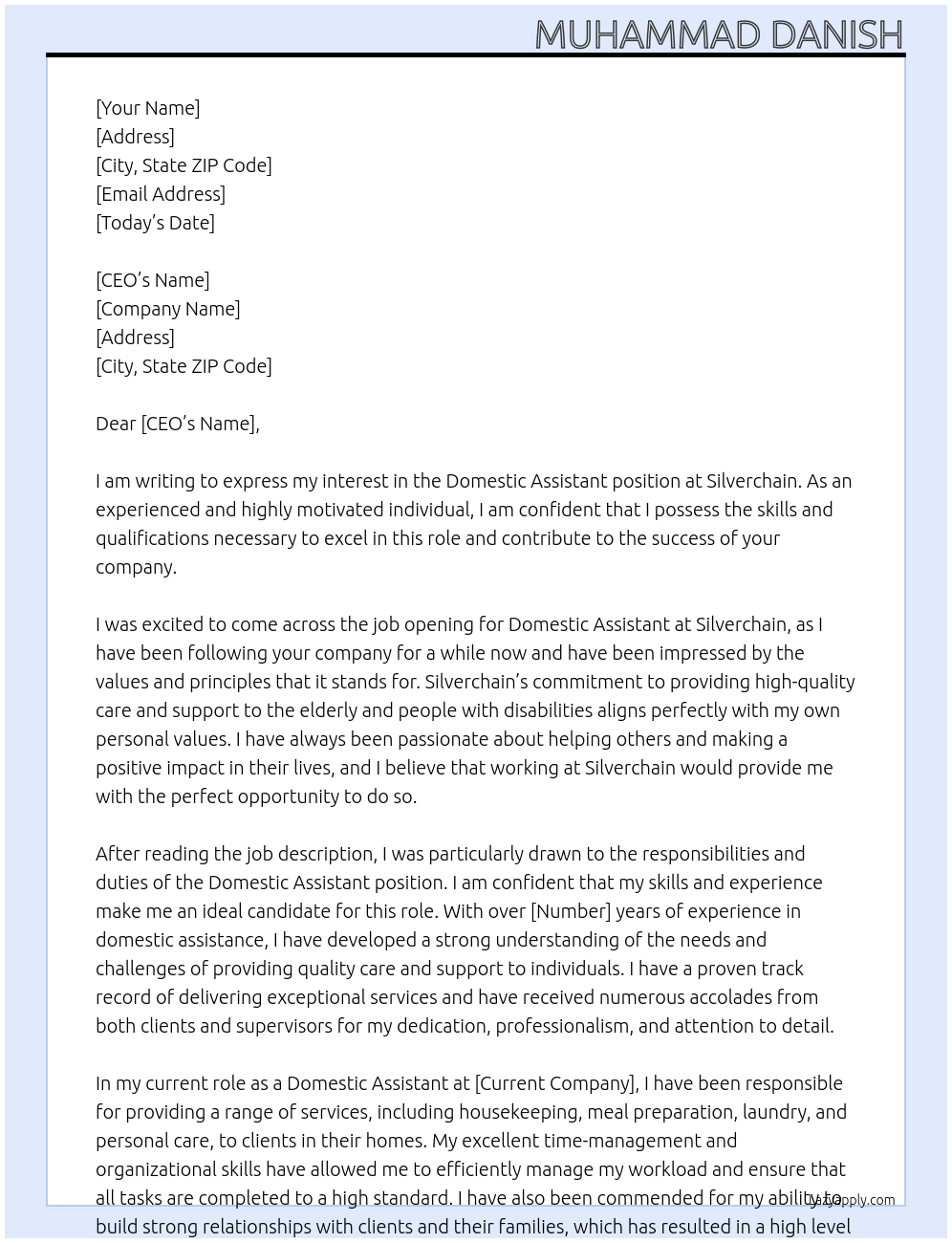 Domestic Assistant At Silverchain Cover Letter
