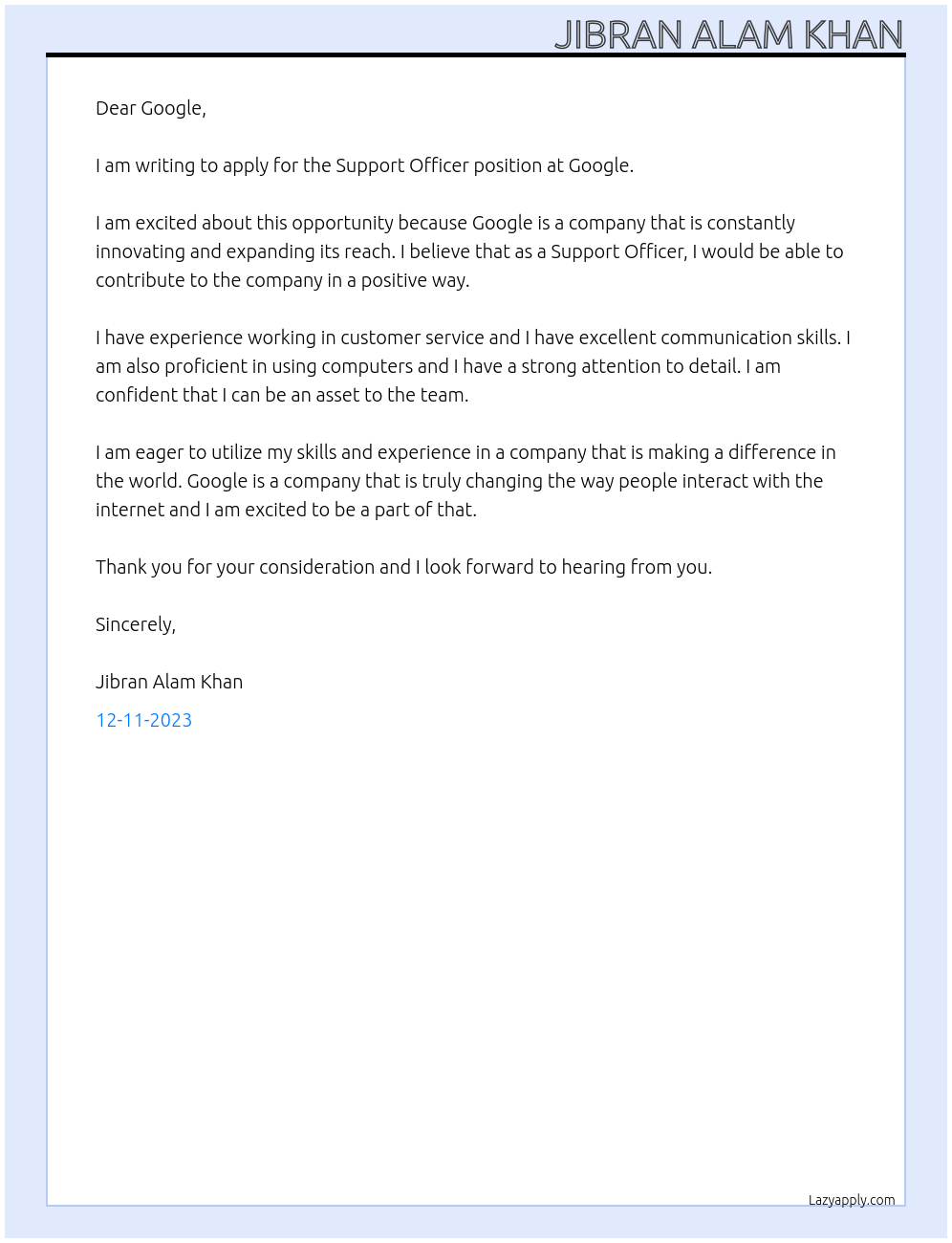 Support Officer At Google Cover Letter