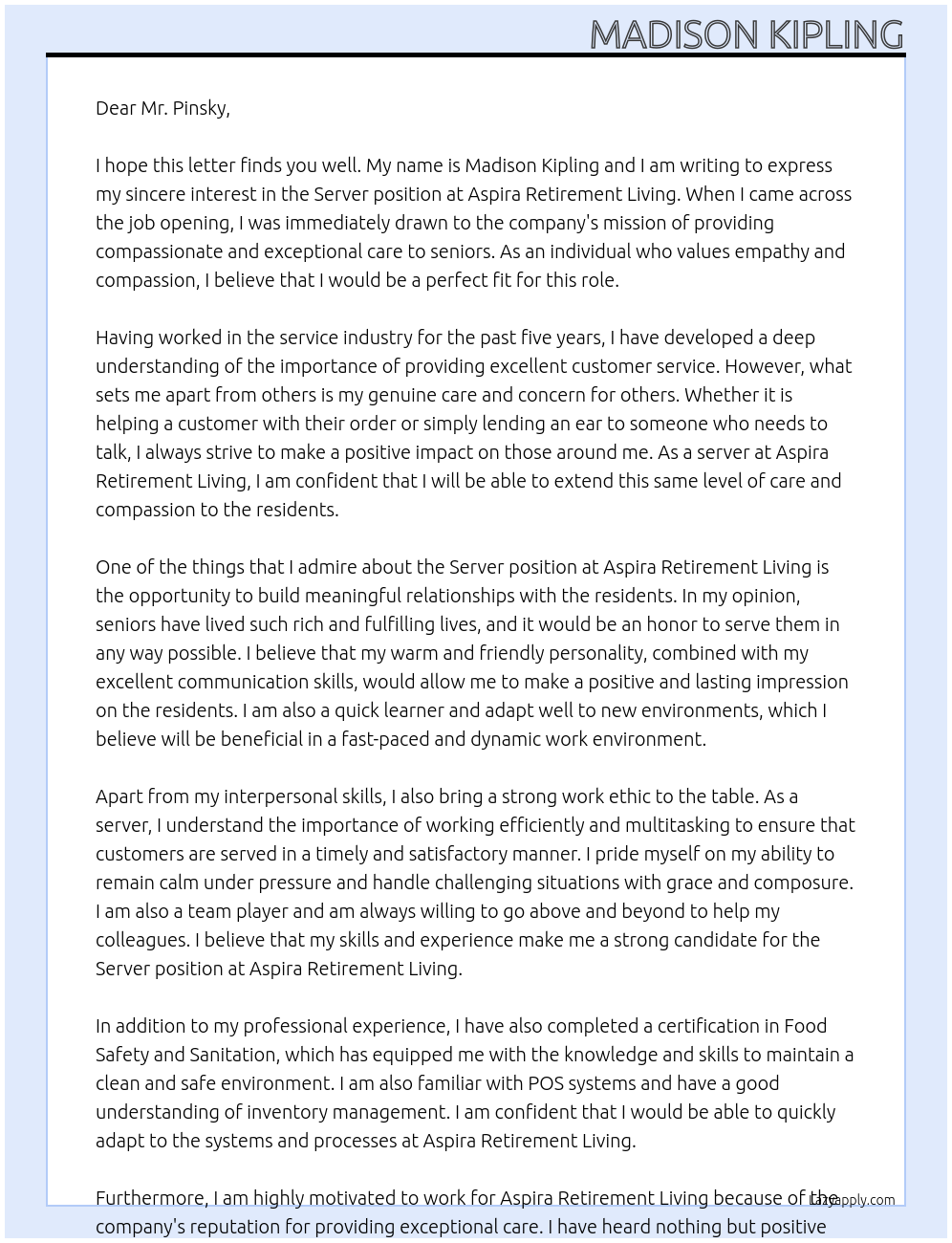 Server At Aspira Retirement Living Cover Letter