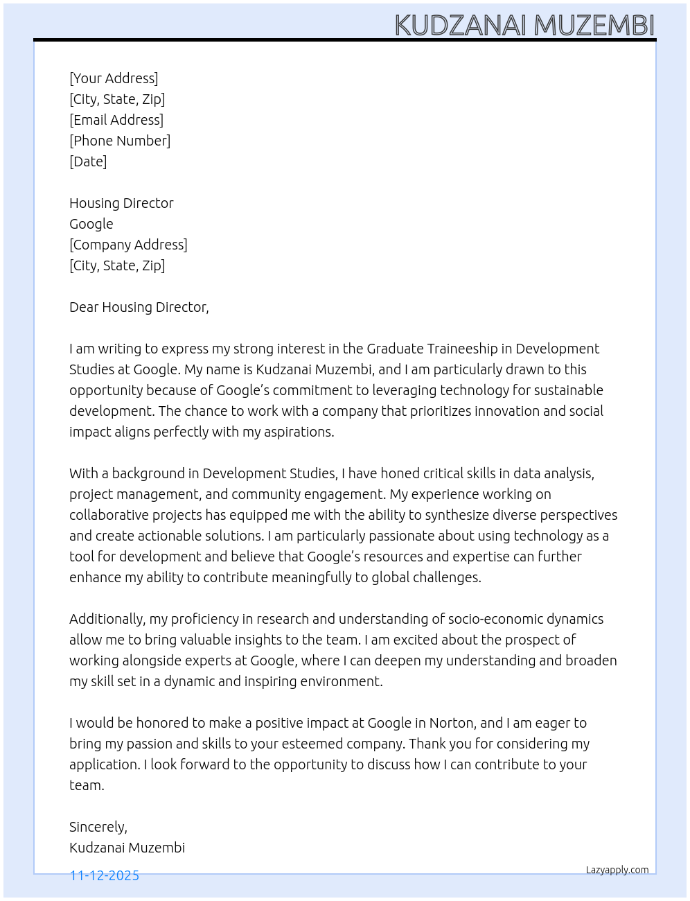 Graduate Traineeship in Development Studies At Google Cover Letter