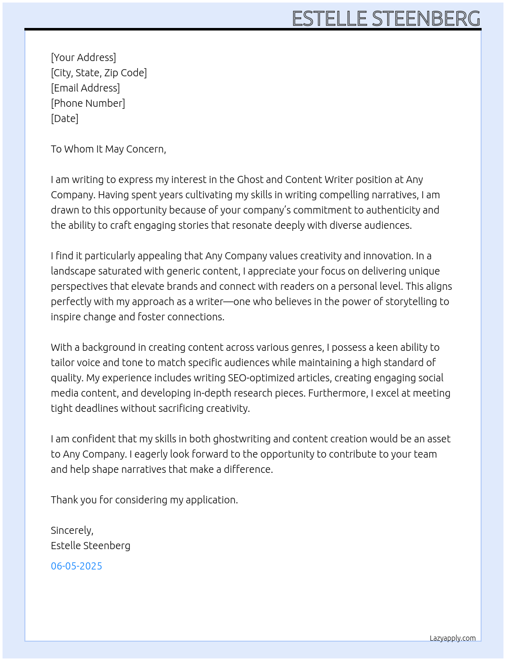 Ghost and content writer At Any Company Cover Letter