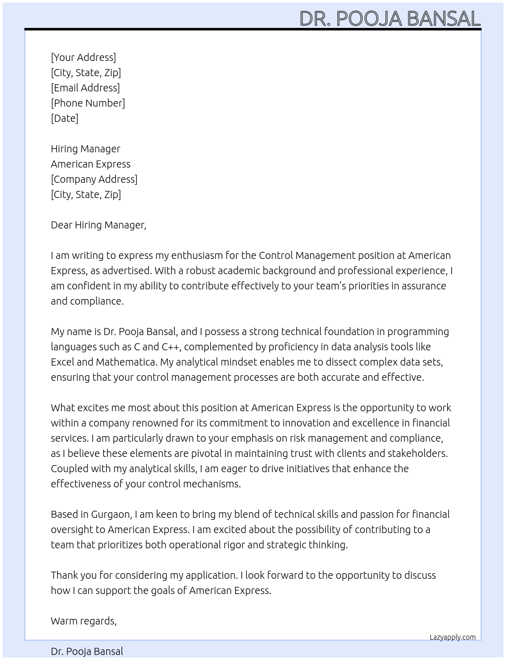 Cover letter for control management - LazyApply