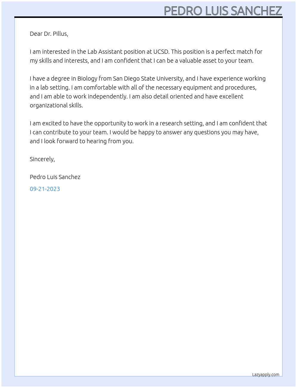 Lab Assistant At UCSD Cover Letter