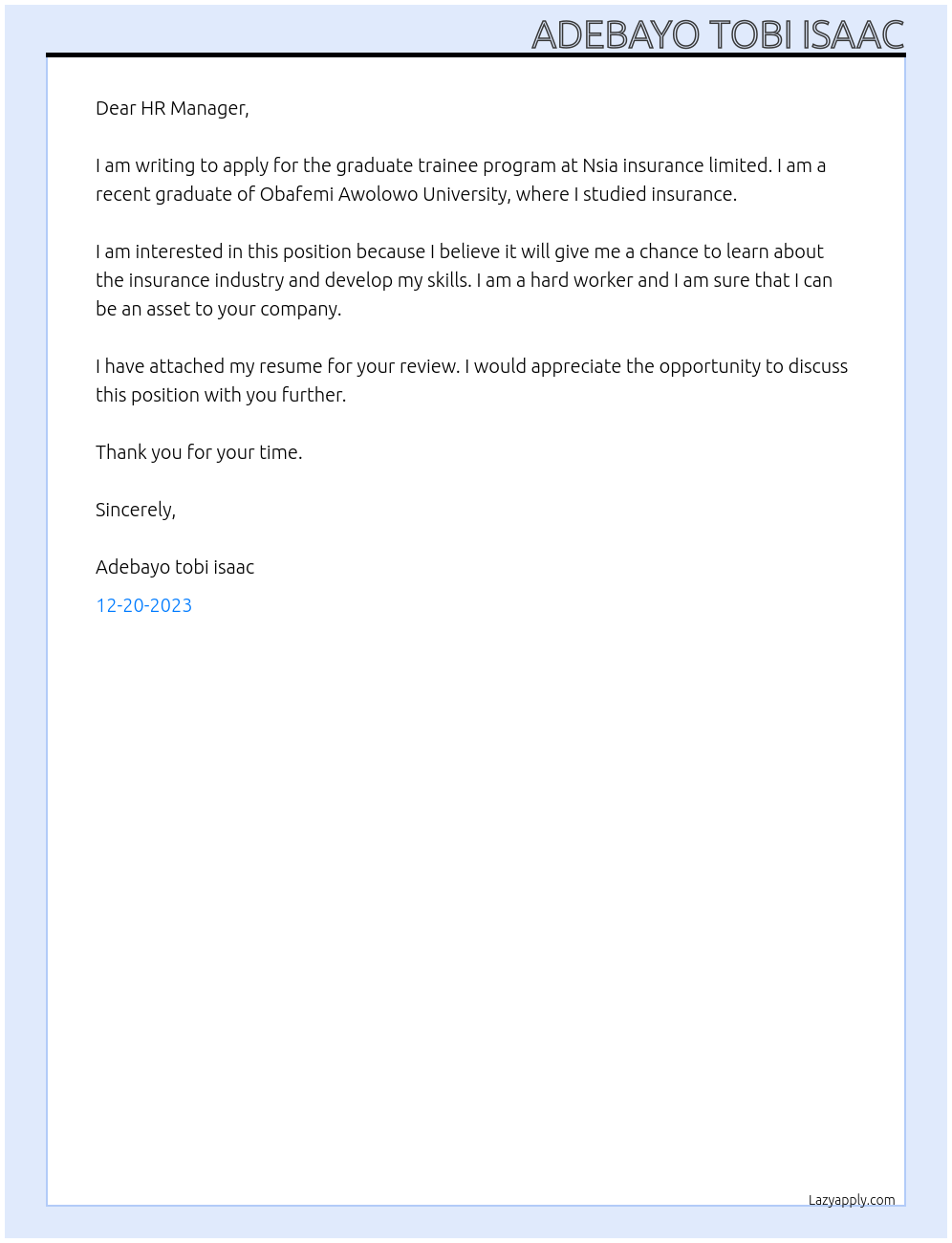 Graduate trainee program At Nsia insurance limited  Cover Letter