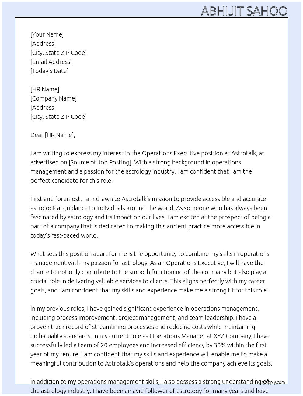 Operations Executive At Astrotalk Cover Letter