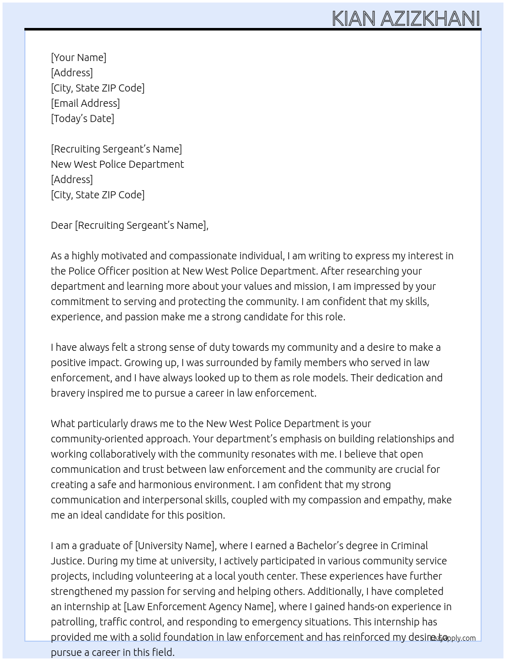 Police Officer At New West Police Department Cover Letter