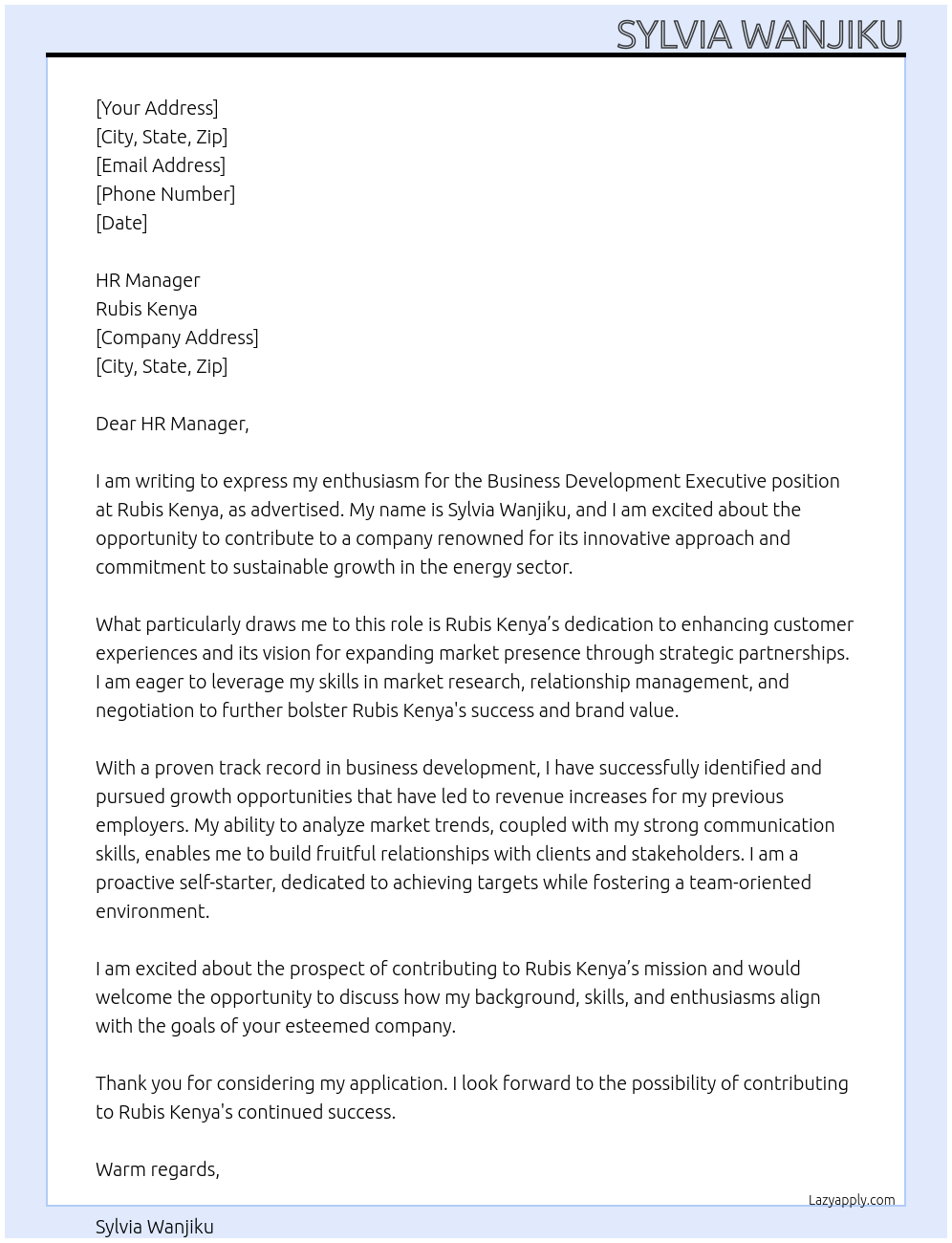 Business Development Executive At Rubis Kenya Cover Letter