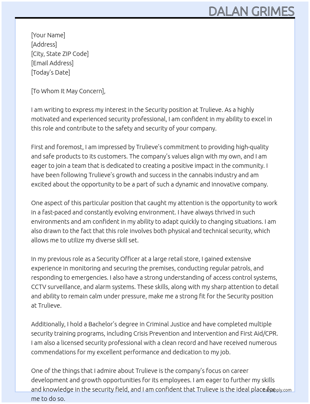 Security  At Trulieve Cover Letter