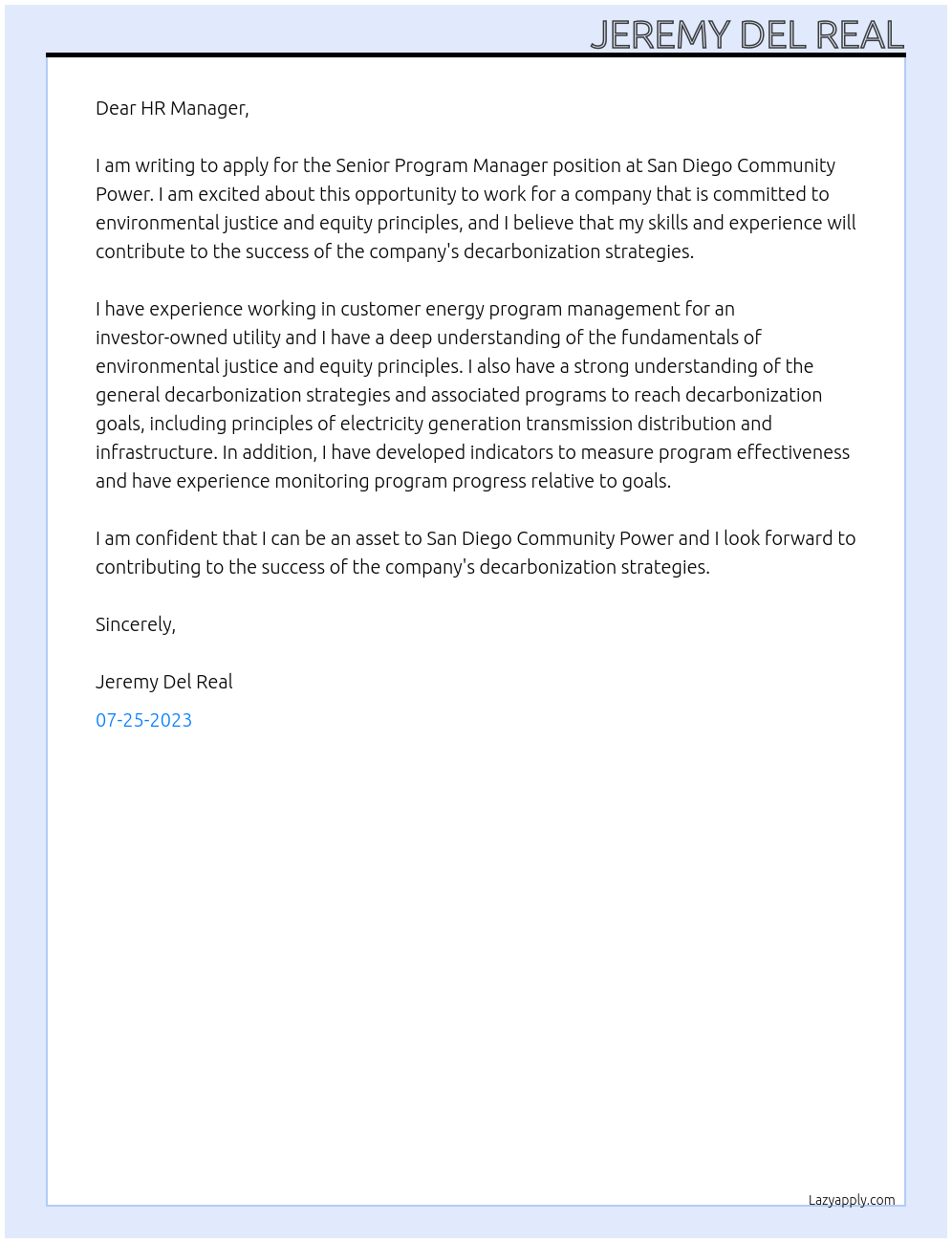 Senior Program Manager At San Diego Community Power Cover Letter