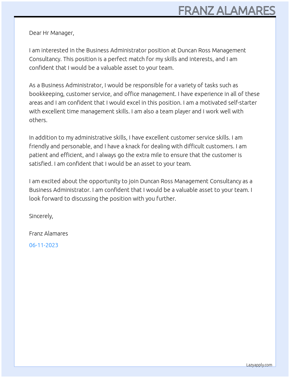 Business Administrator At Duncan Ross Management Consultancy Cover Letter