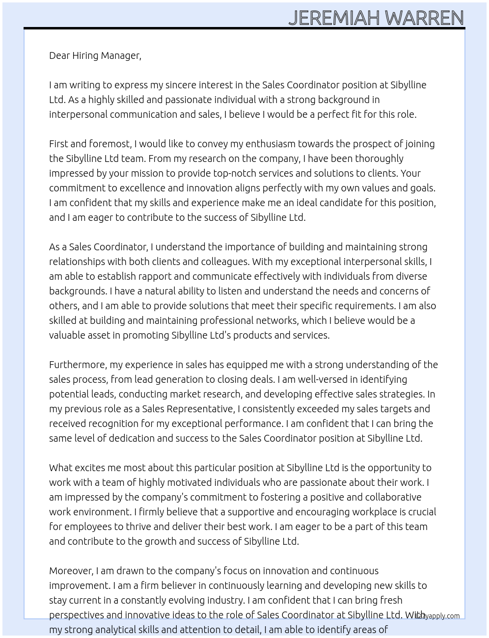 Sales Coordinator  At Sibylline Ltd Cover Letter