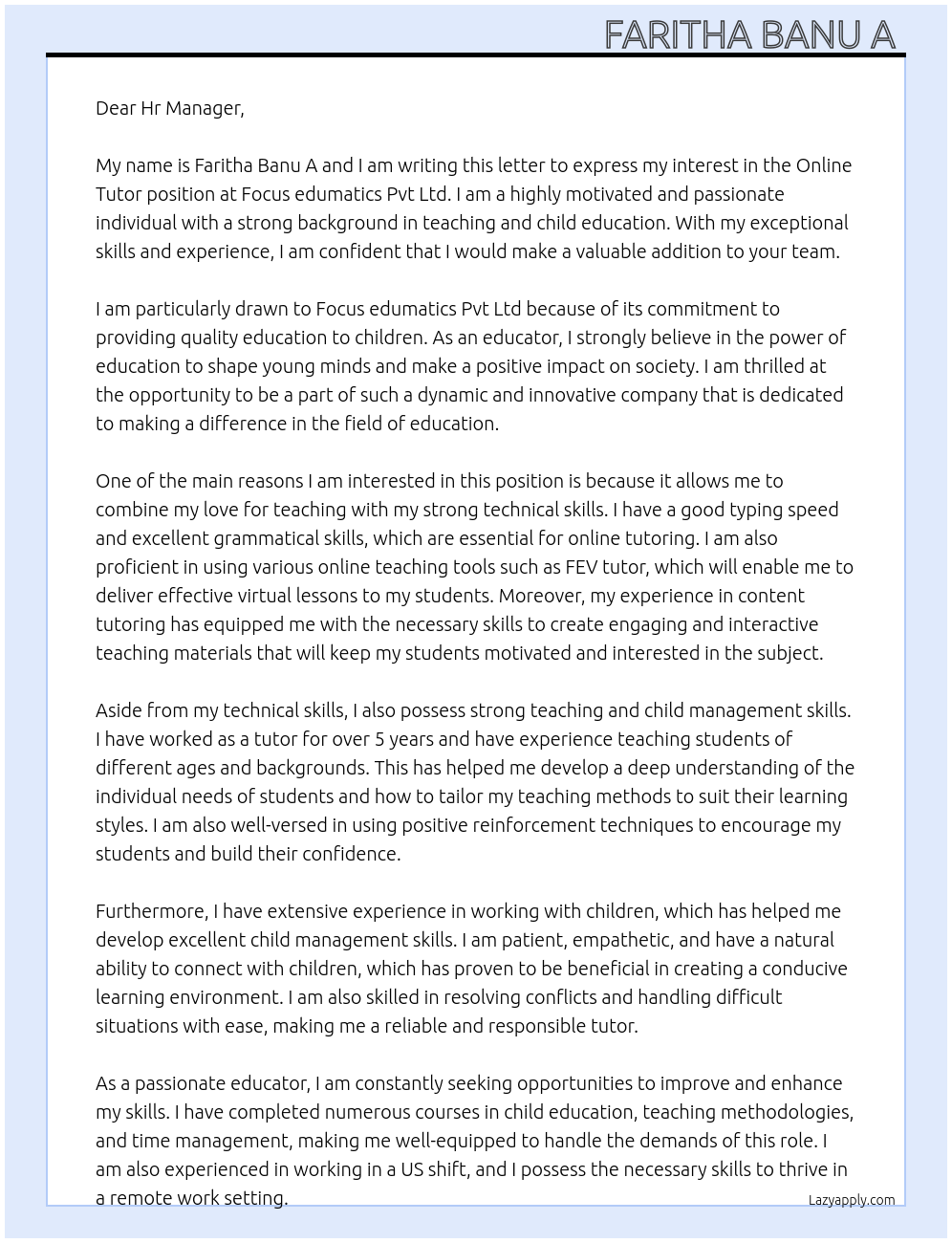 Online tutor At Focus edumatics pvt Ltd Cover Letter