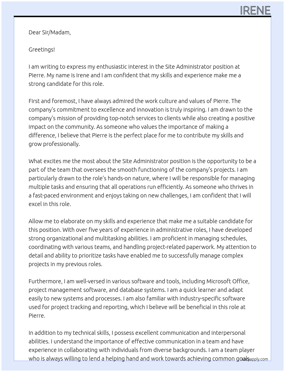 Site Administrator At Pierre Cover Letter