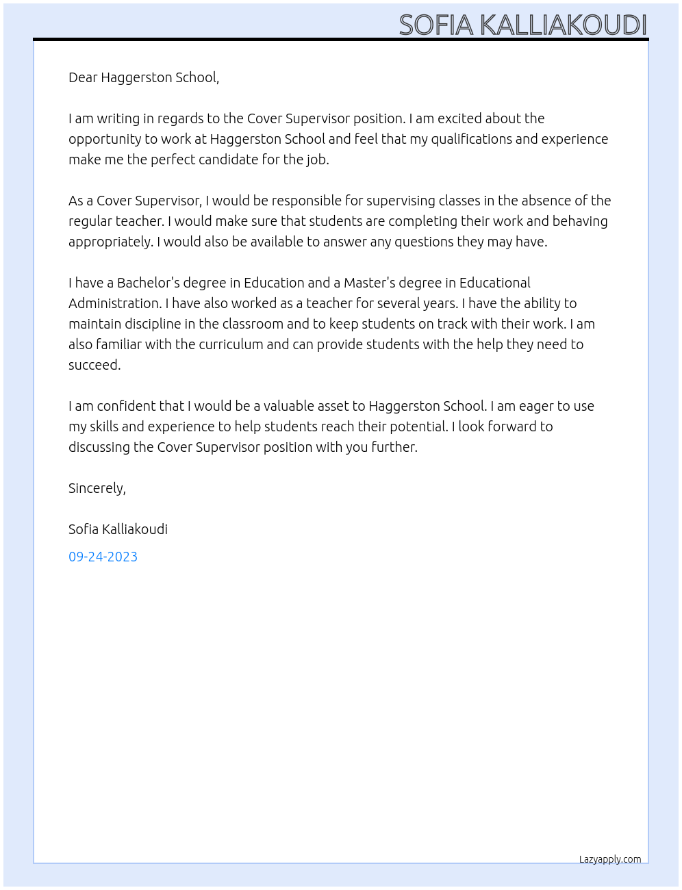 Cover Supervisor At Haggerston School Cover Letter