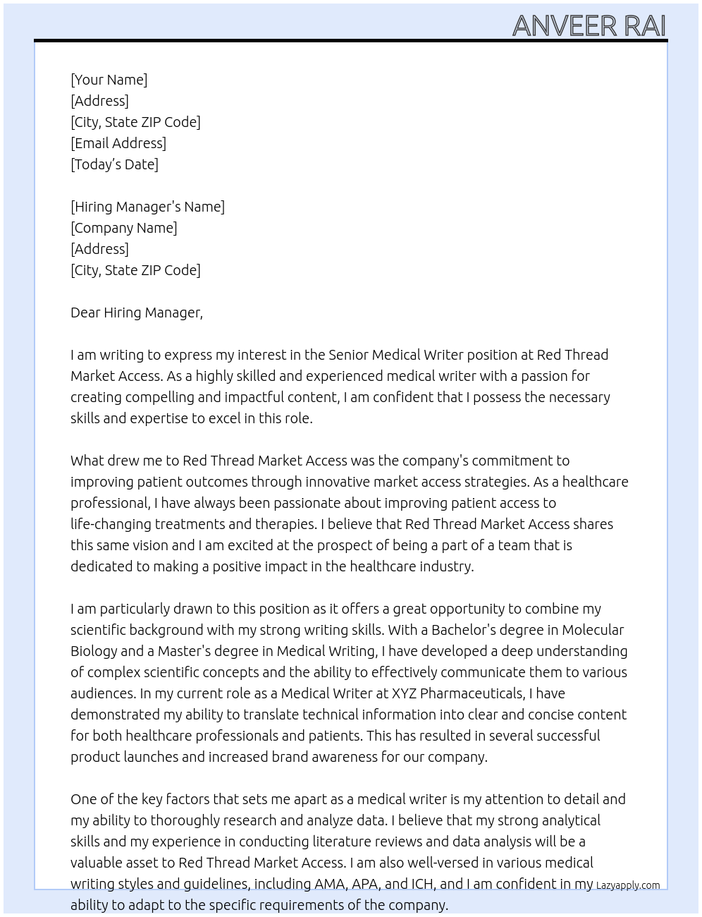 Senior Medical Writer At Red Thread Market Access Cover Letter