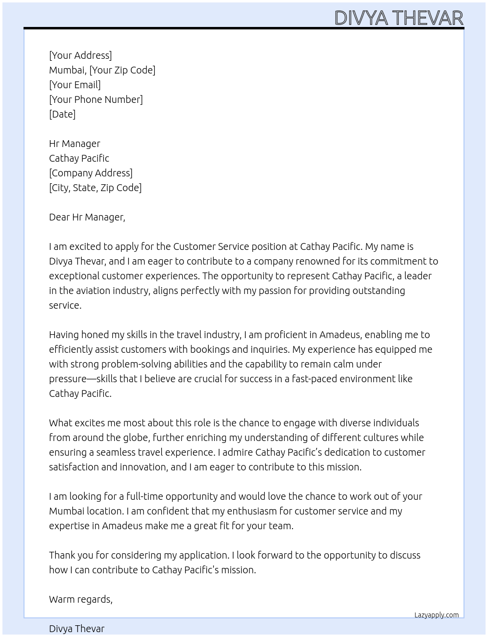 Customer Service At Cathay Pacific Cover Letter