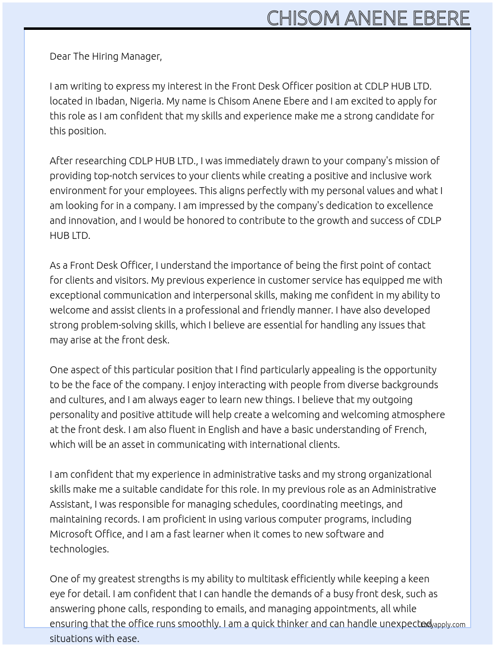 FRONT DESK OFFICER At CDLP HUB LTD. Cover Letter