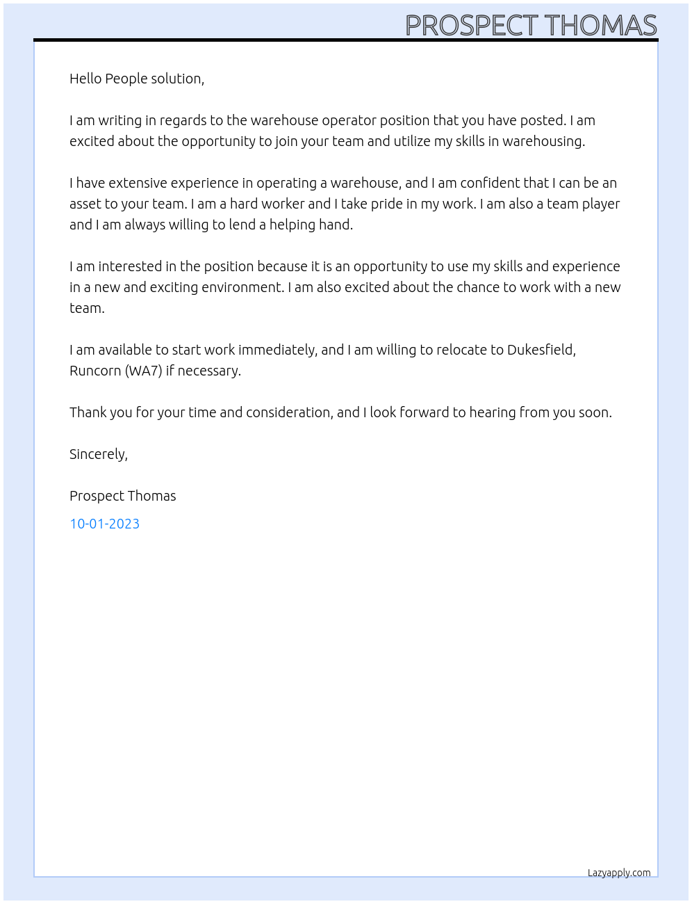 Warehouse operator At People solution Cover Letter