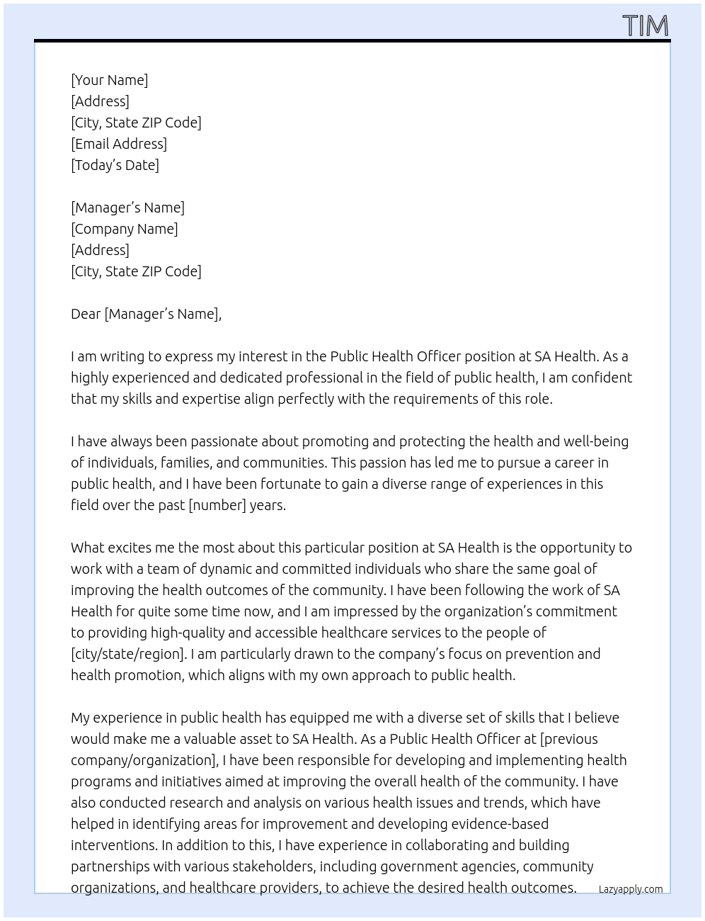 Public Health Officer At SA Health Cover Letter