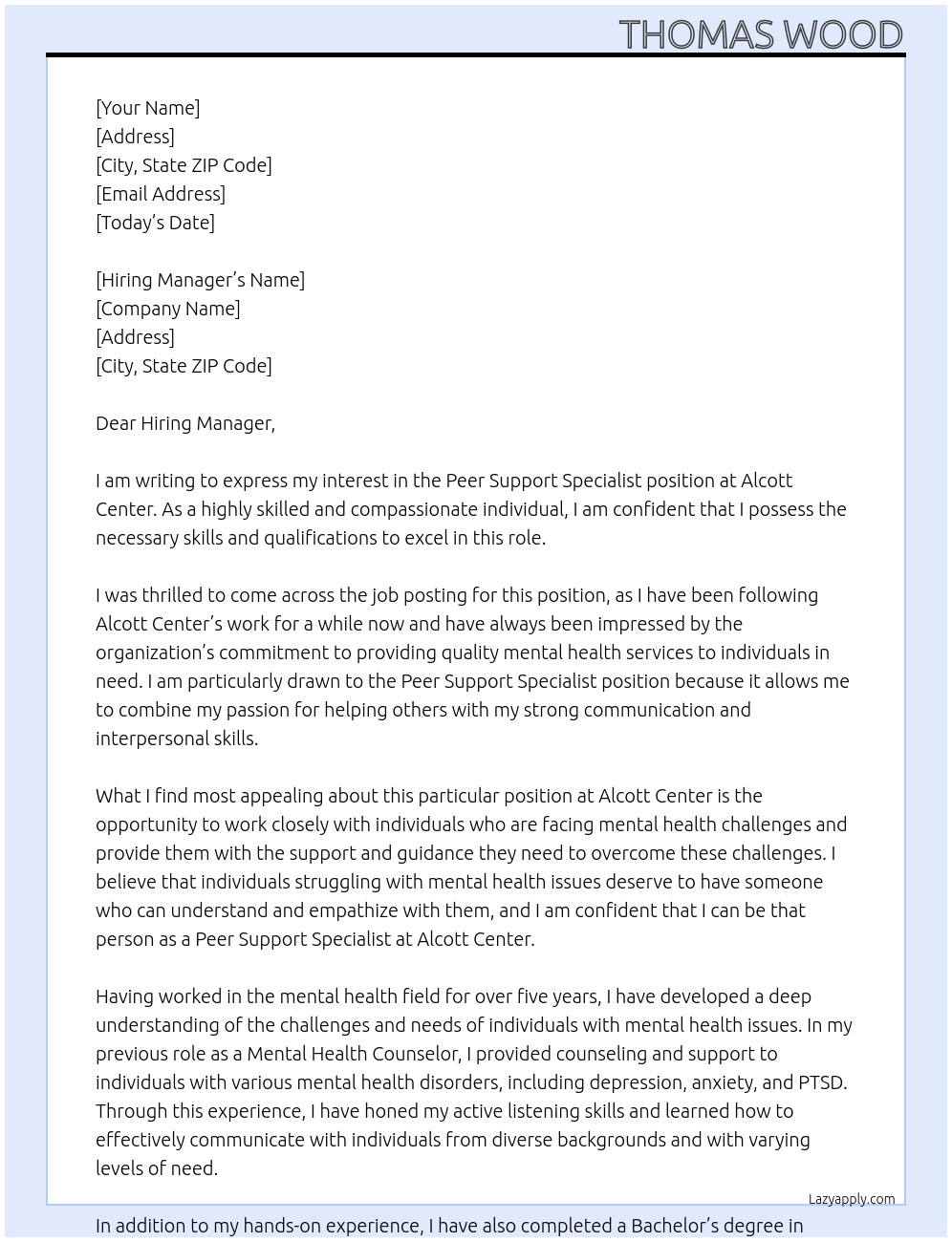 Peer support specialist  At Alcott center Cover Letter