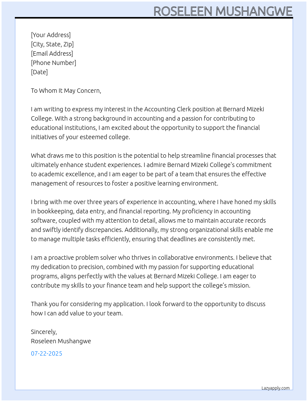 Cover letter for accounting & clerk - LazyApply