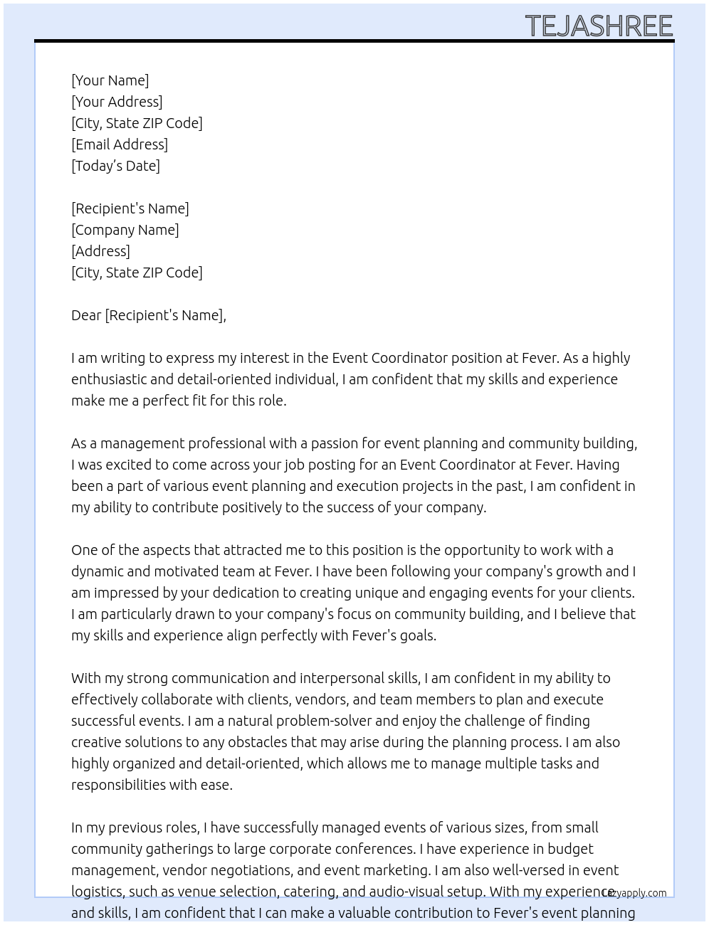 Event coordinator At Fever Cover Letter
