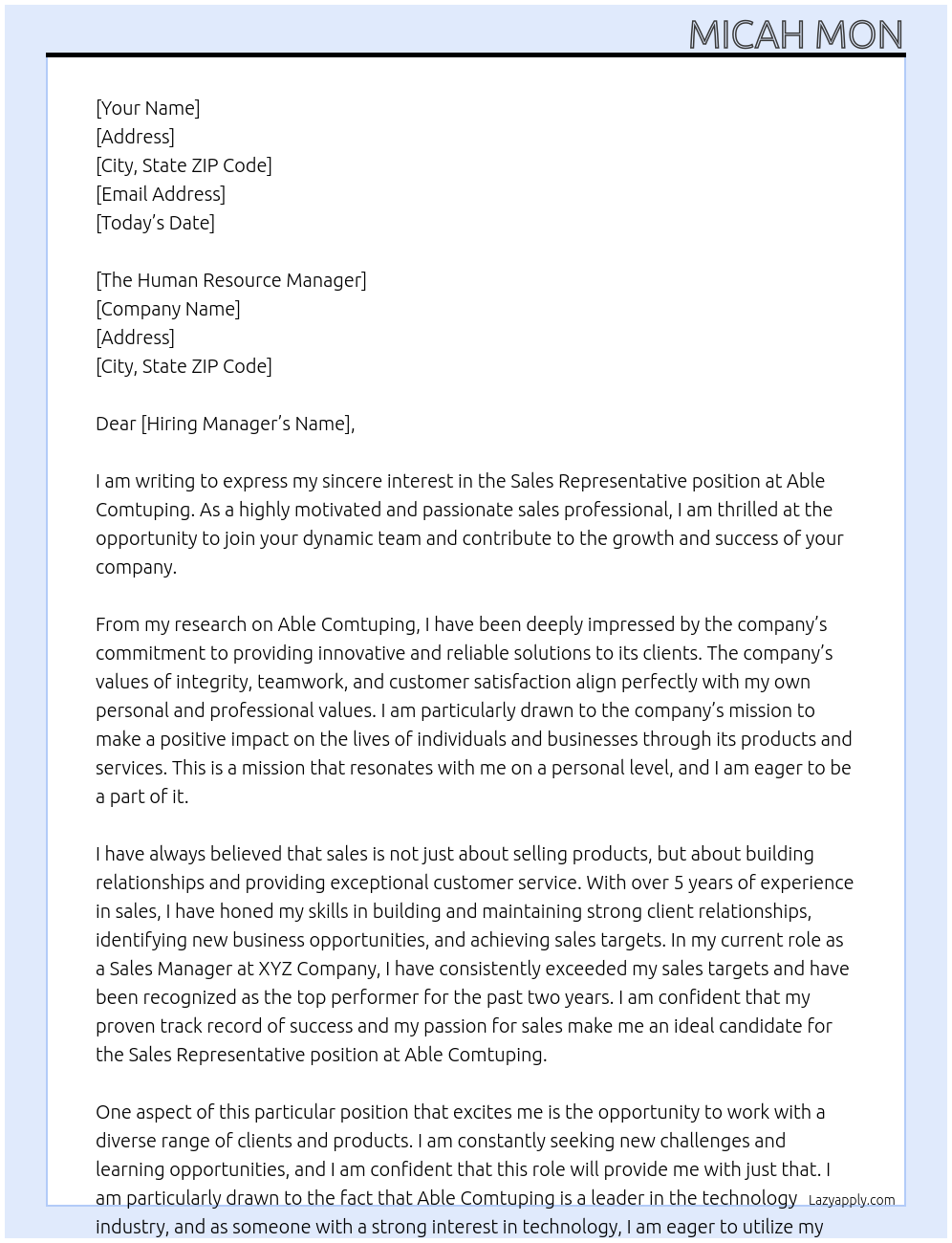 Sales Representative At Able Comtuping Cover Letter