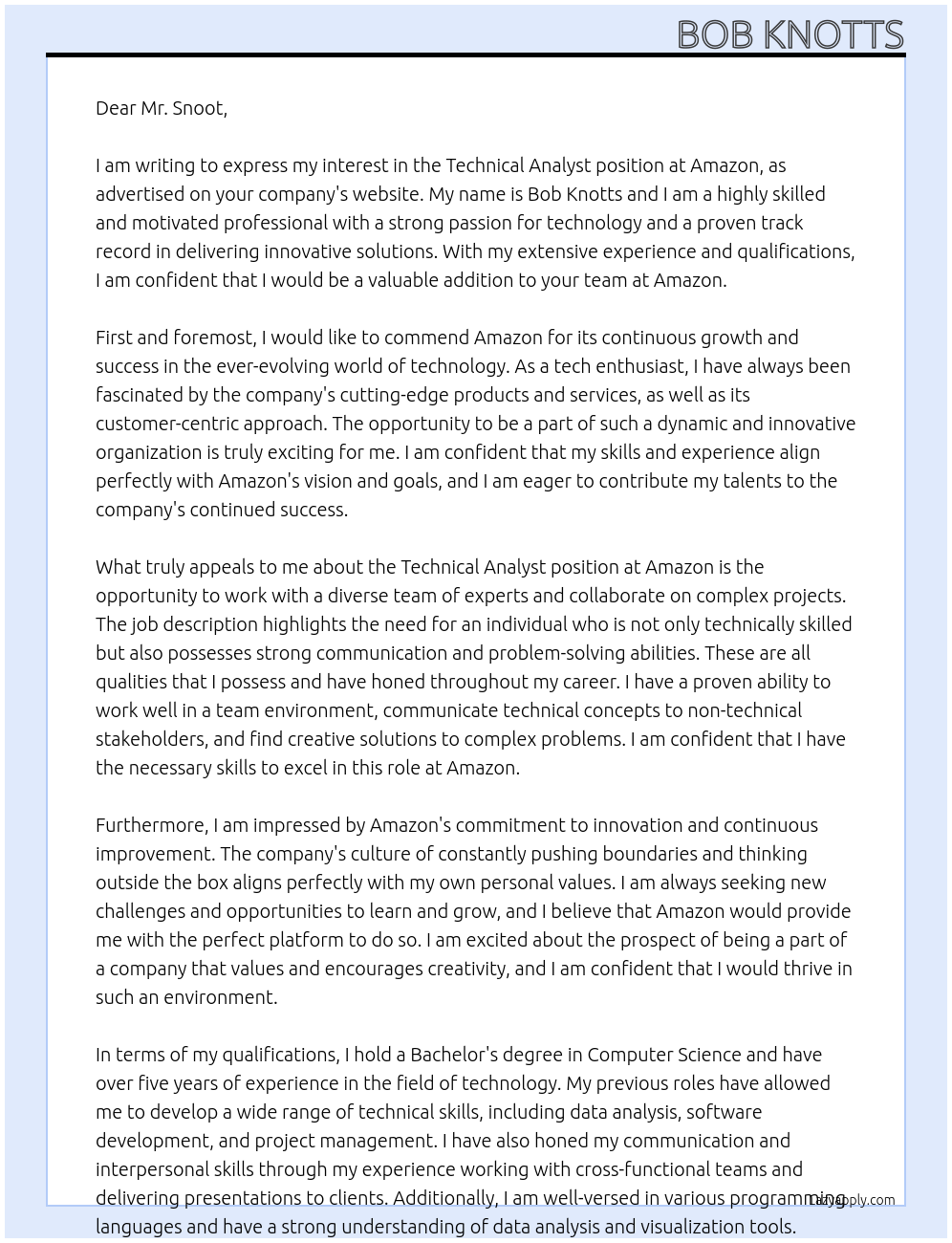 technical analyst At amazon Cover Letter