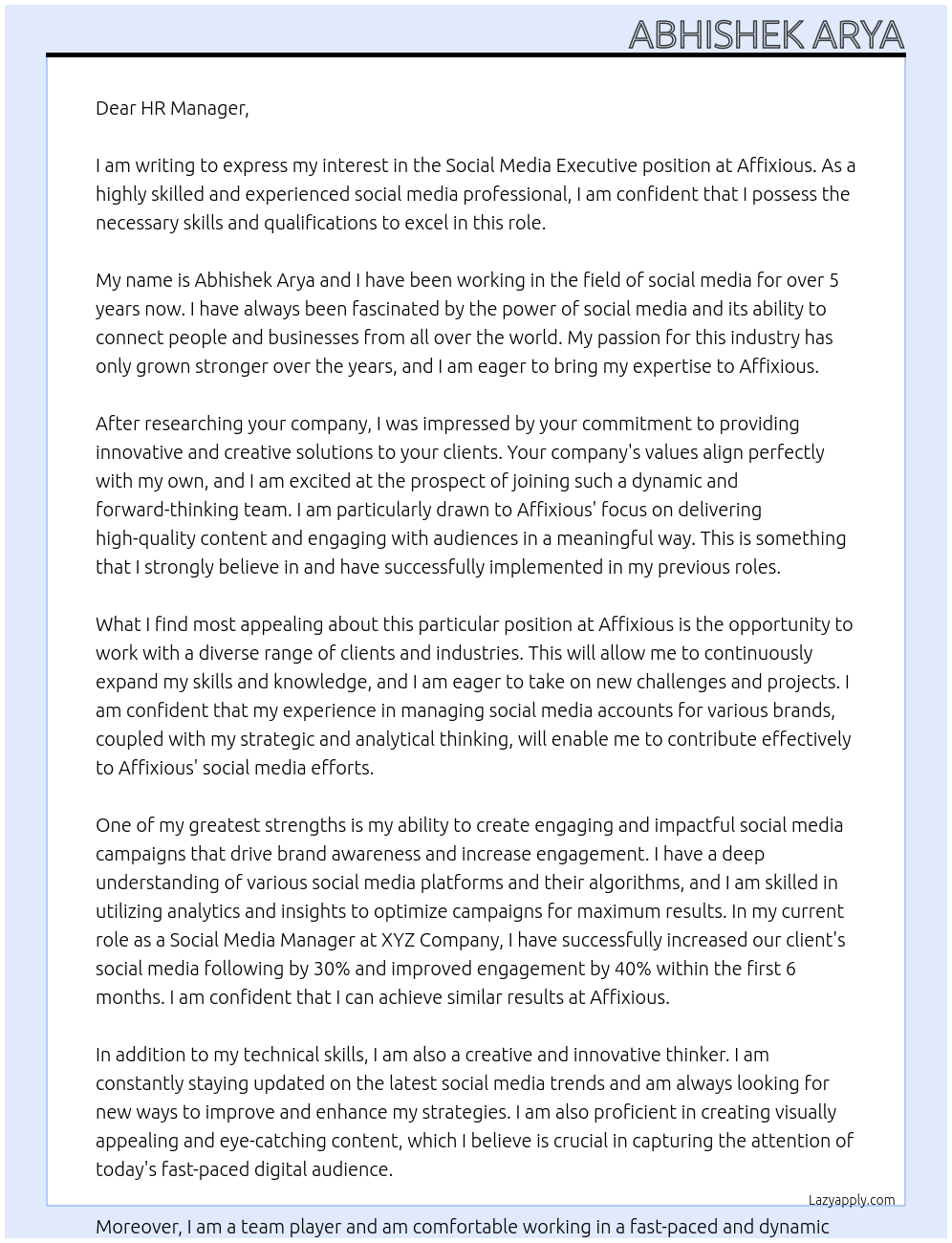 Social media executive At Affixious Cover Letter