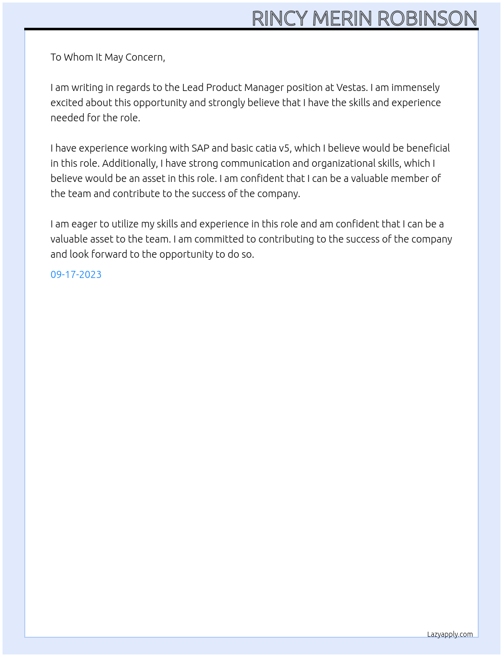 LEAD PRODUCT MANAGER At VESTAS Cover Letter