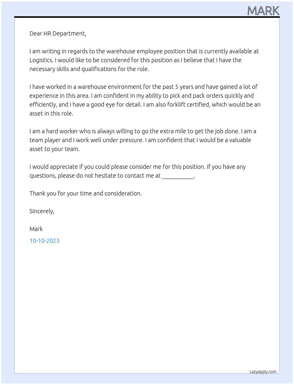 Warehouse employee At Logistics Cover Letter
