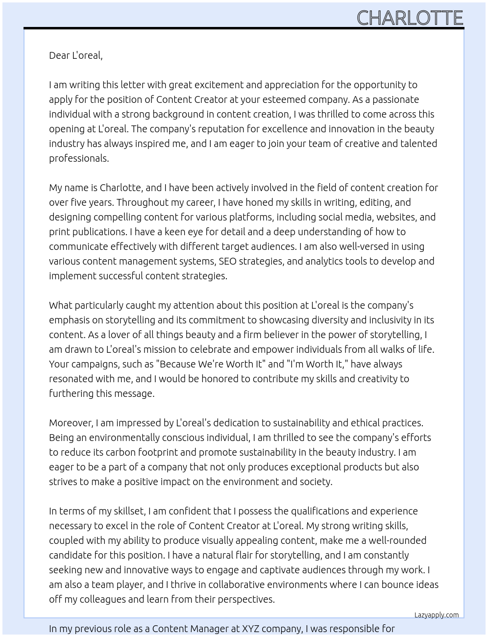 Content Creator At L'oreal Cover Letter