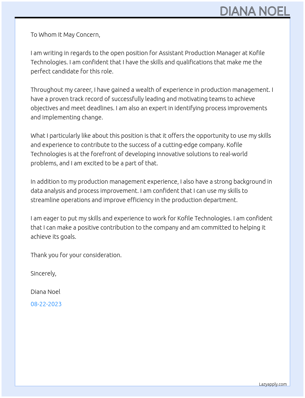 Assistant Production Manager At Kofile Technologies Cover Letter