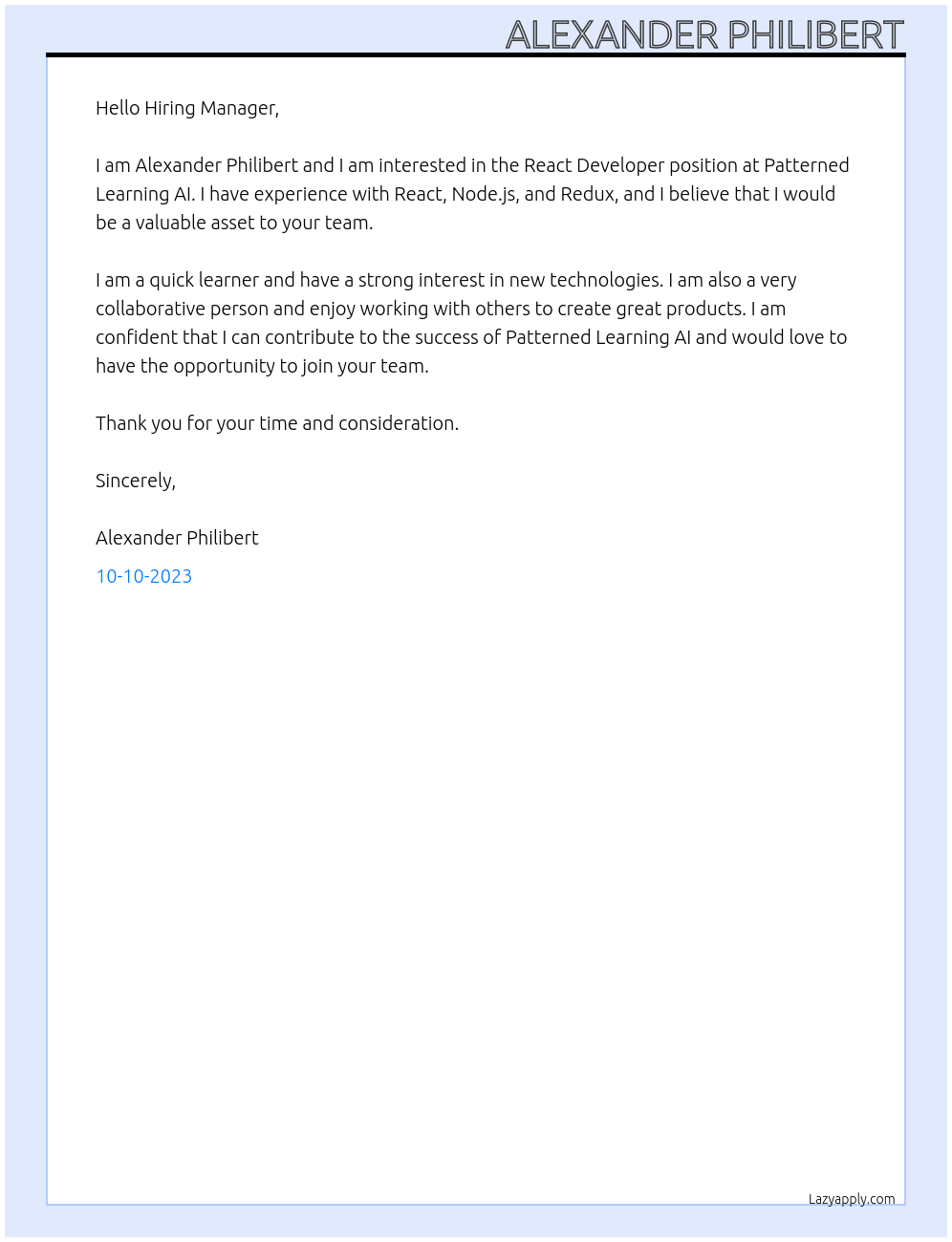 REACT dEVELOPER At Patterned Learning AI Cover Letter