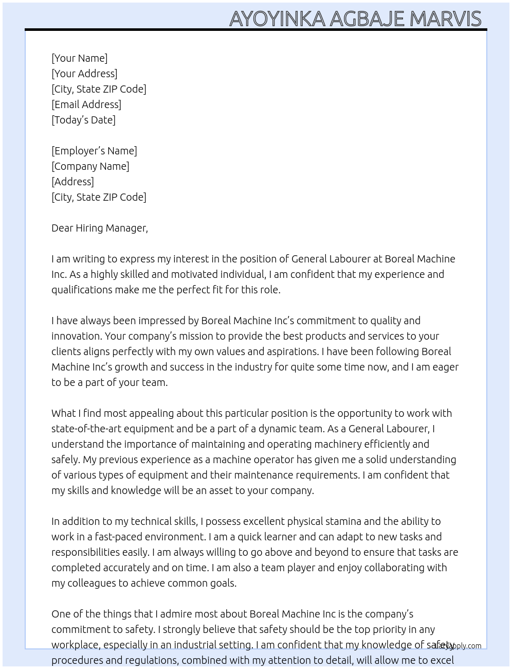 General labourer At Boreal Machine Inc Cover Letter