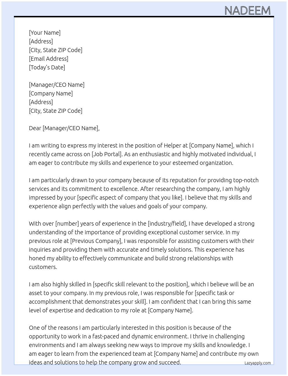 Helper  At Company Cover Letter
