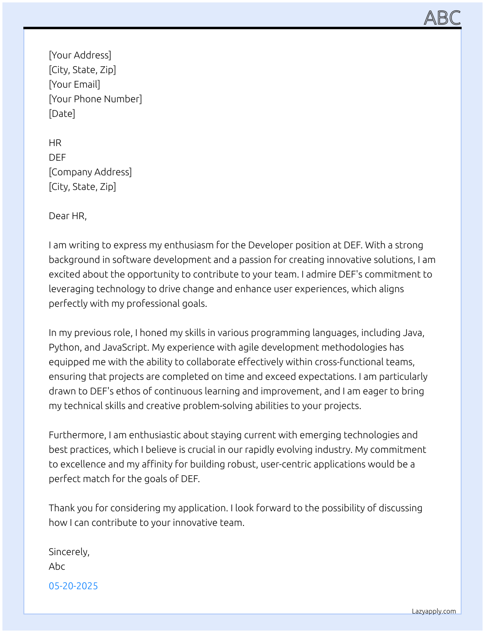 Developer At DEf Cover Letter