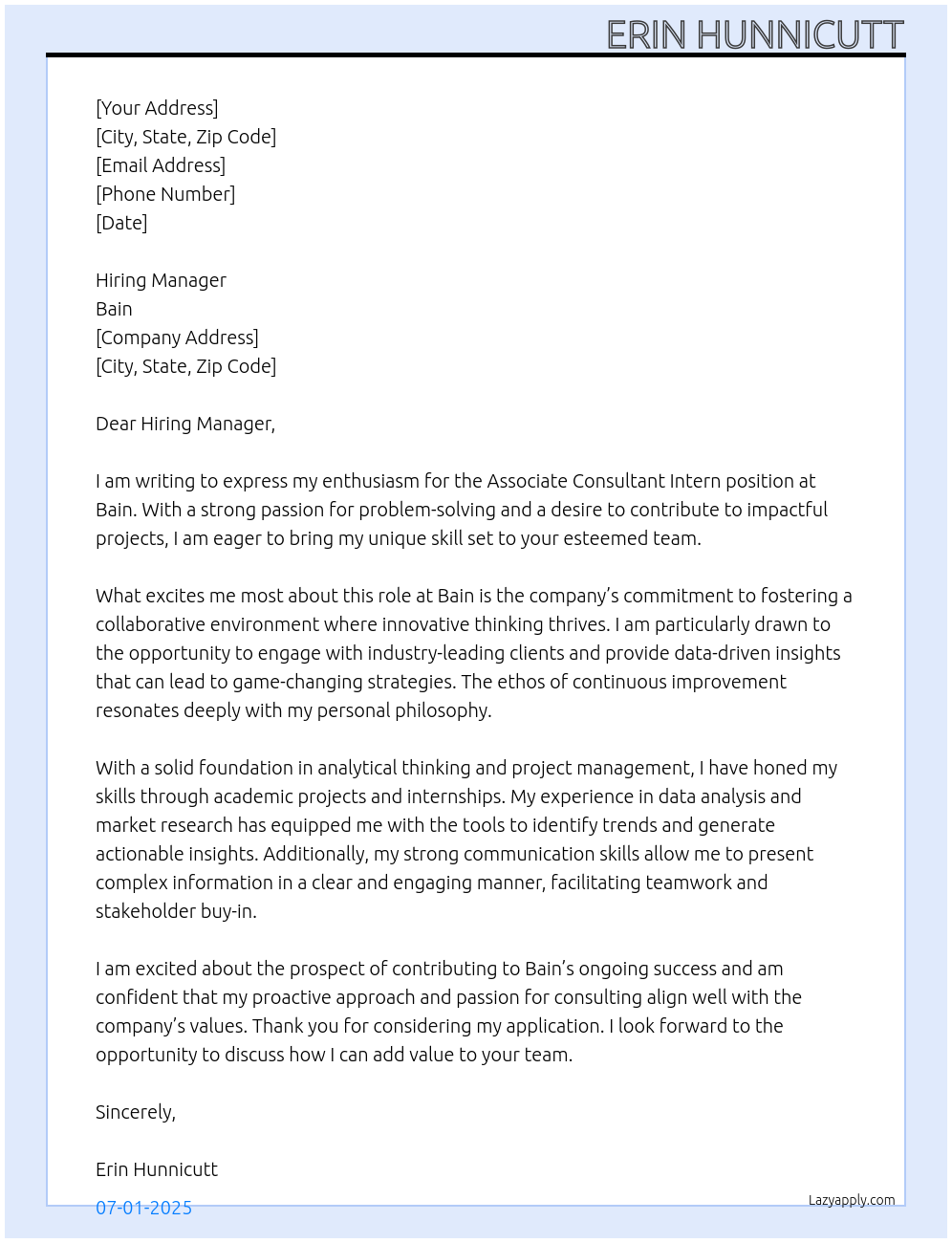 Assicate Consiltant Intern At Bain Cover Letter