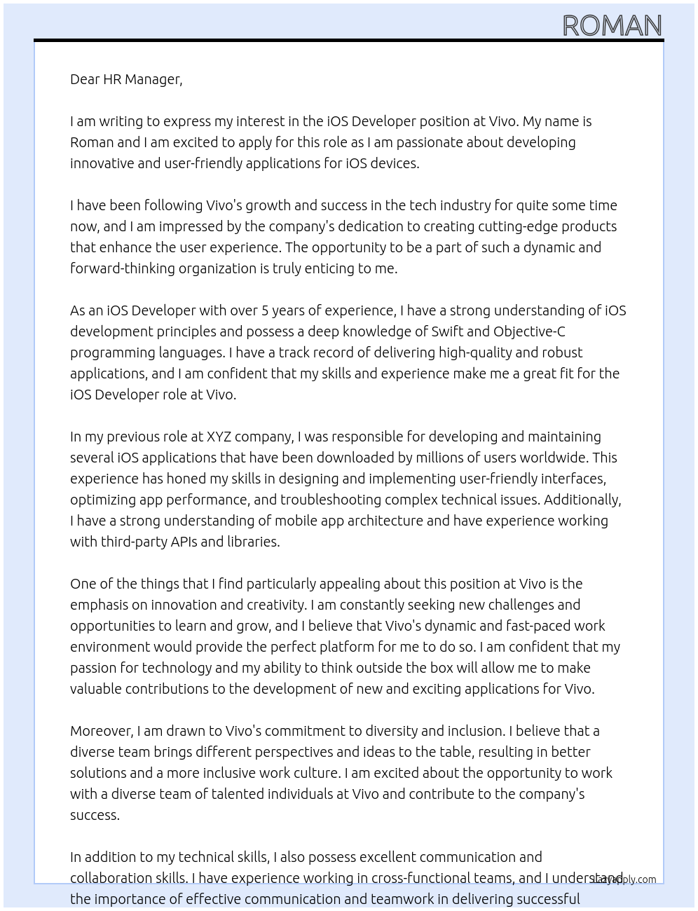 iOS Developer At Vivo Cover Letter