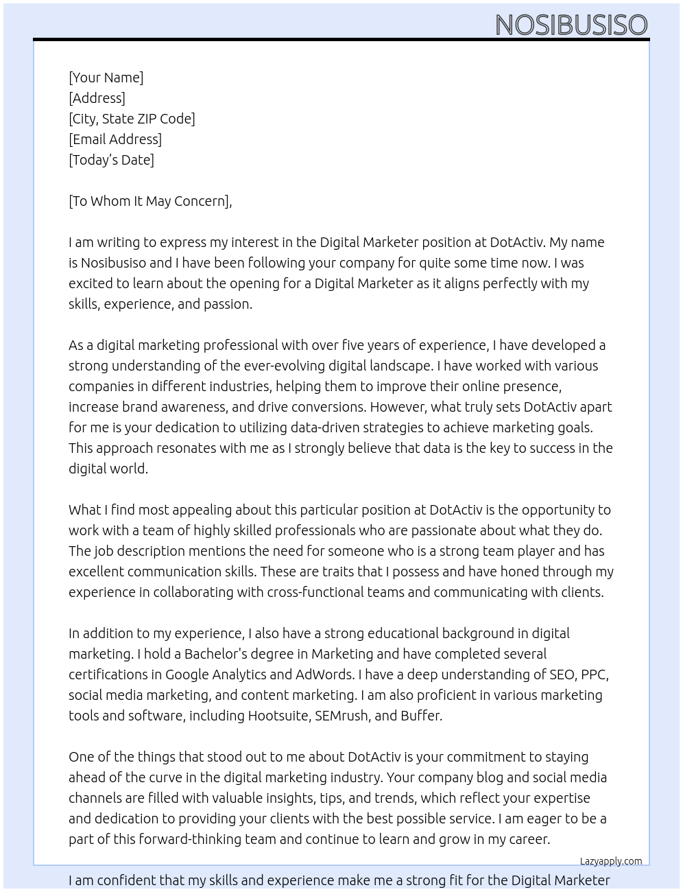 Digital marketer At DotActiv Cover Letter