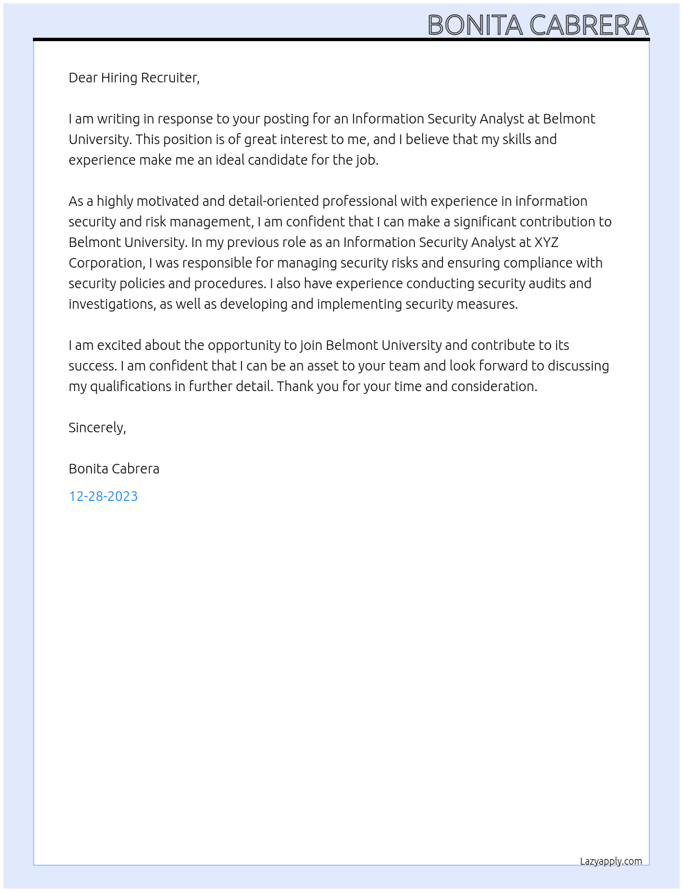 Information Security Analyst At Belmont University Cover Letter
