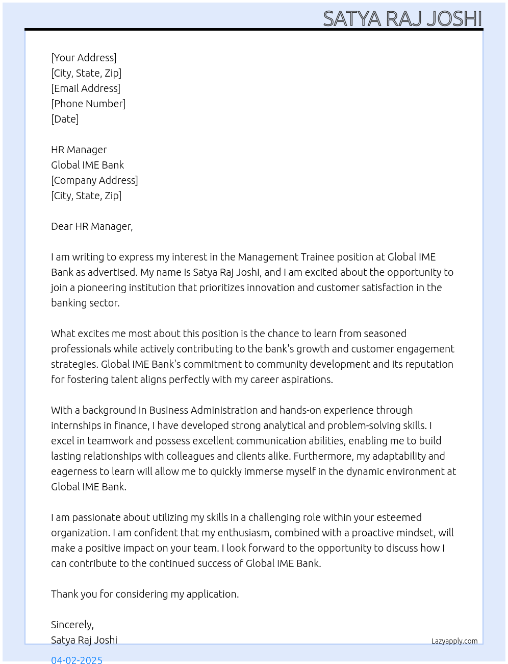 Management Trainee At global ime bank Cover Letter