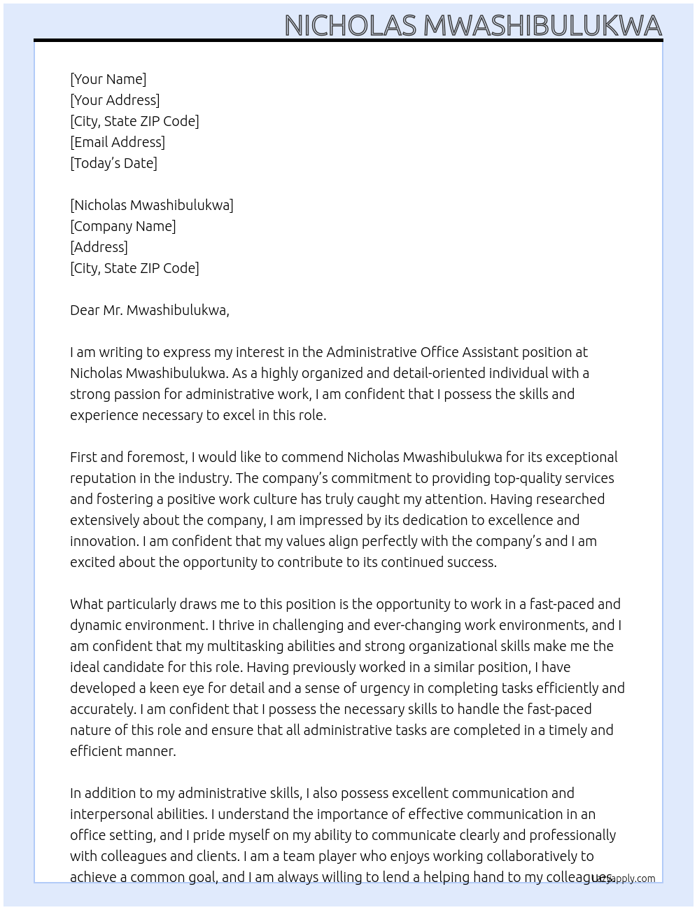 Administrative Office Assistant At Nicholas Mwashibulukwa Cover Letter