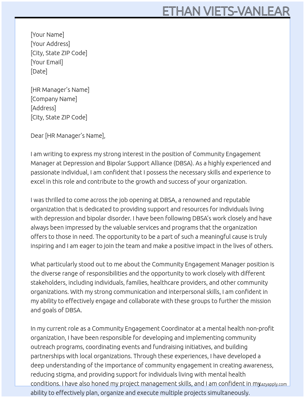 community engagement manager At Depression and Bipolar Support Alliance (DBSA) Cover Letter