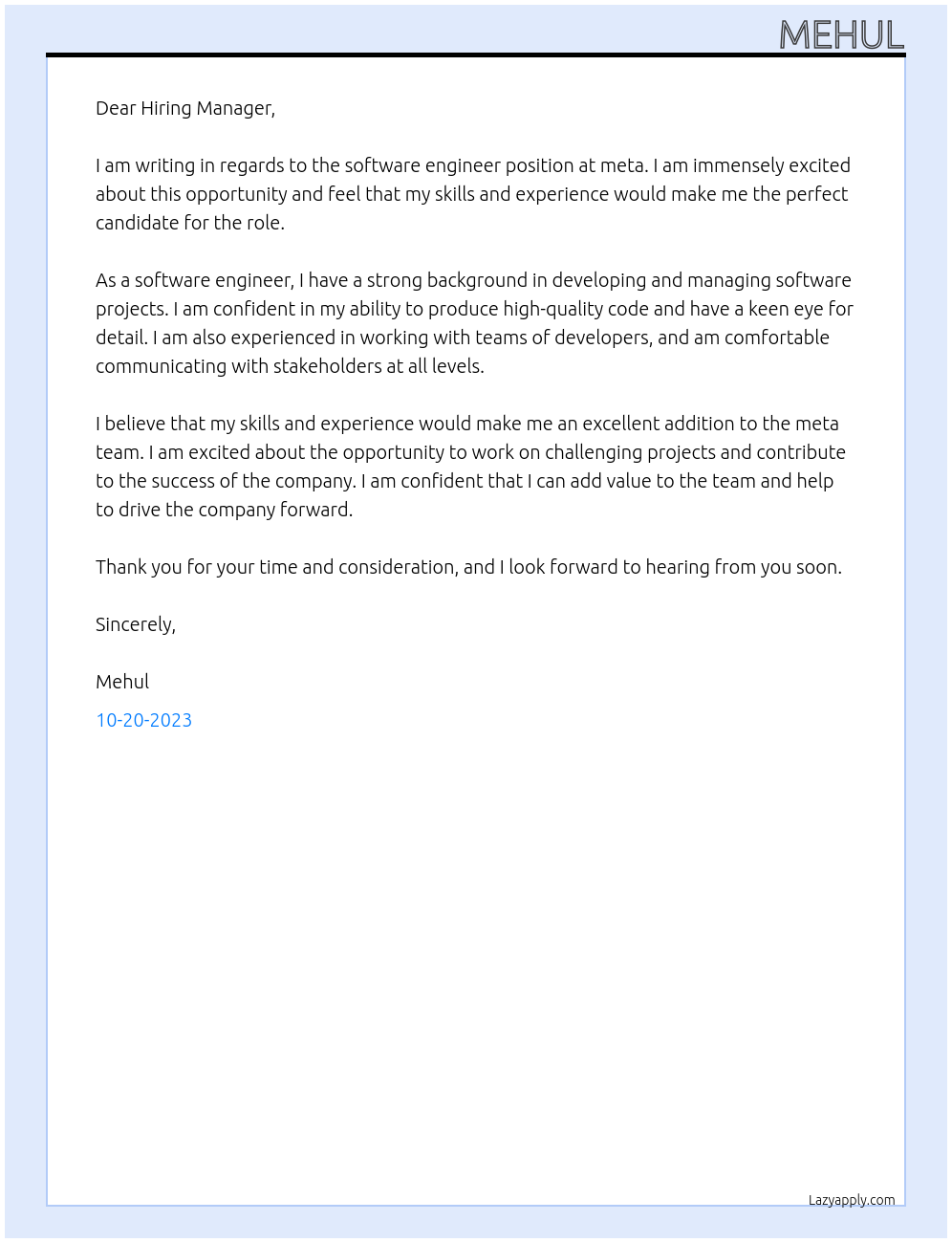sofware engineer At meta Cover Letter
